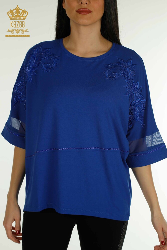 Venta al por mayor Blusa de Mujer - Tul Detallada - Azul Oscuro - 79051 | kazee - 2