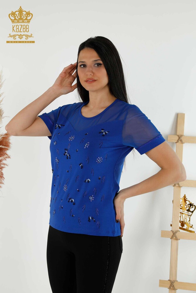 Venta al por mayor Blusa de Mujer - Tul Detallado - Azul Oscuro - 79133 | kazee - 1