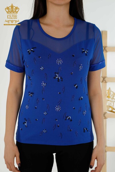 Venta al por mayor Blusa de Mujer - Tul Detallado - Azul Oscuro - 79133 | kazee - 2