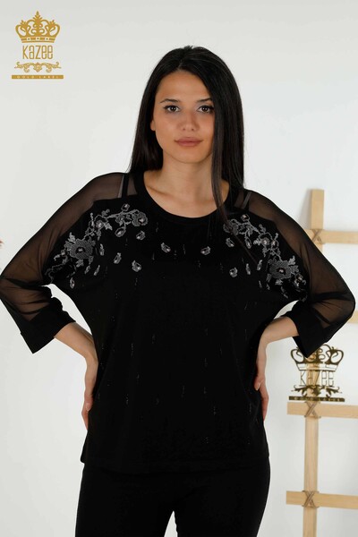 Venta al por mayor Blusa de Mujer - Tul Detallado - Negro - 79136 | kazee 