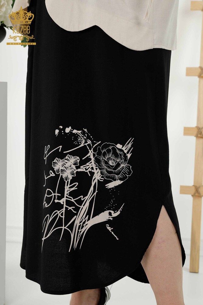 Venta al por mayor Vestido camisero de mujer con patrón floral con capucha  negro - 20217