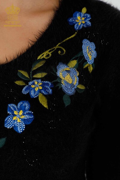 Venta al por mayor Suéter de punto para mujer con diseño floral de angora negro - 18917 | kazee - 3