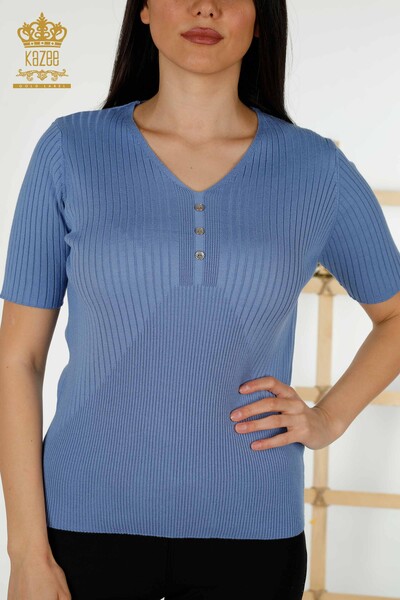 Venta al por mayor Suéter de punto para mujer - Detalle de botones - Azul - 30043 | kazee - 2