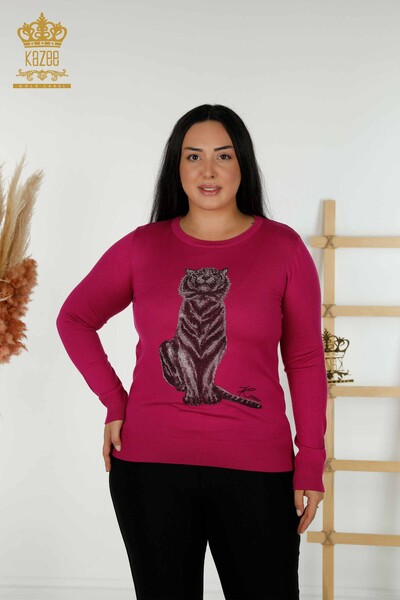 Venta al por mayor Suéter de punto para mujer - Patrón de tigre - Fucsia - 30127 | kazee - 1