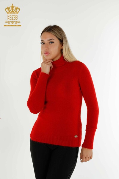 Venta al por mayor de Mujer Jersey de Punto Angora Cuello Alto Rojo con Logo - 12046 | KAZEE 