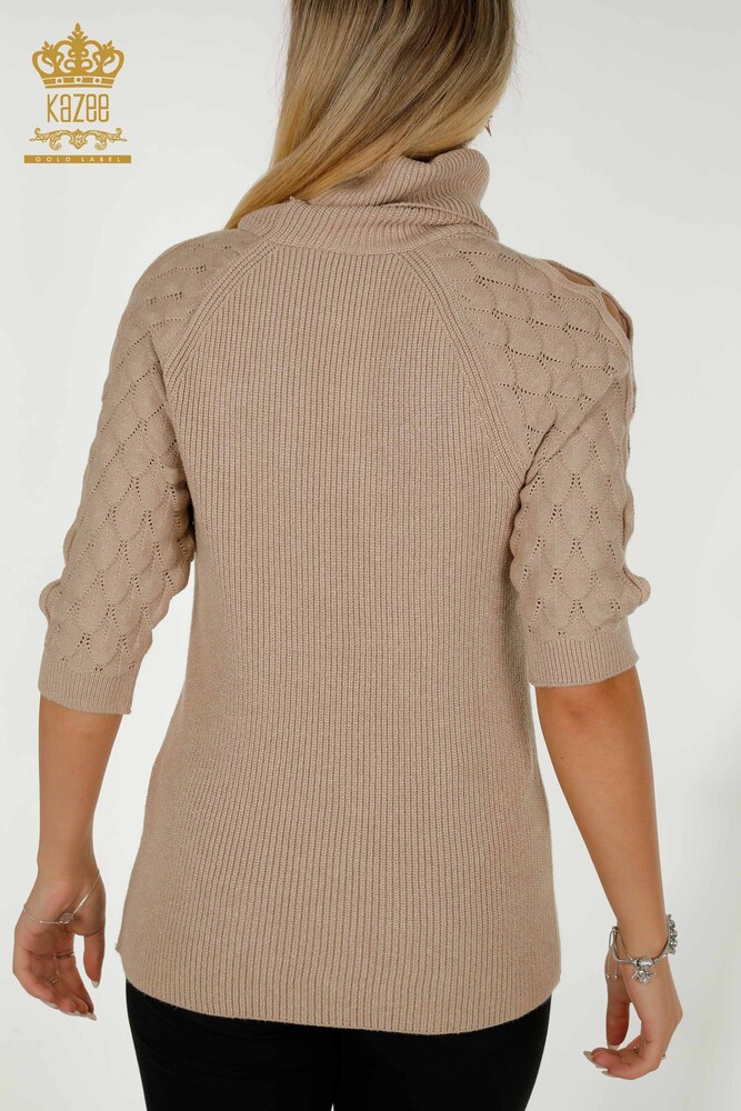 Venta al por mayor de Mujer Jersey de Punto con Detalle de Manga Cuello Alto Beige Oscuro - 30560 | KAZEE - 7