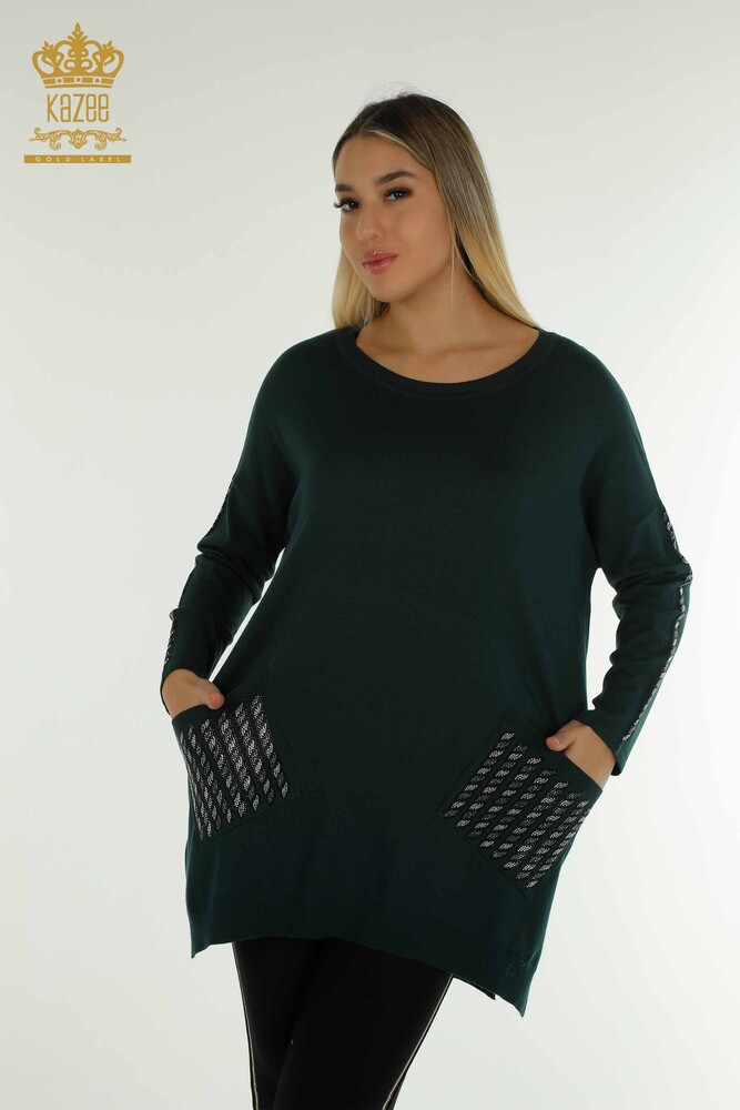 Venta al por mayor Jersey de Punto para Mujer con Detalle de Bolsillo Verde Oscuro - 30591 | KAZEE - 1