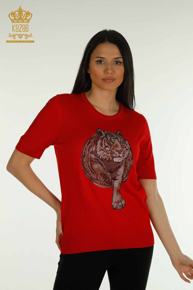 Venta al por mayor Suéter de Punto para Mujer Leopardo Piedra Bordada Rojo - 30747 | KAZEE - 1