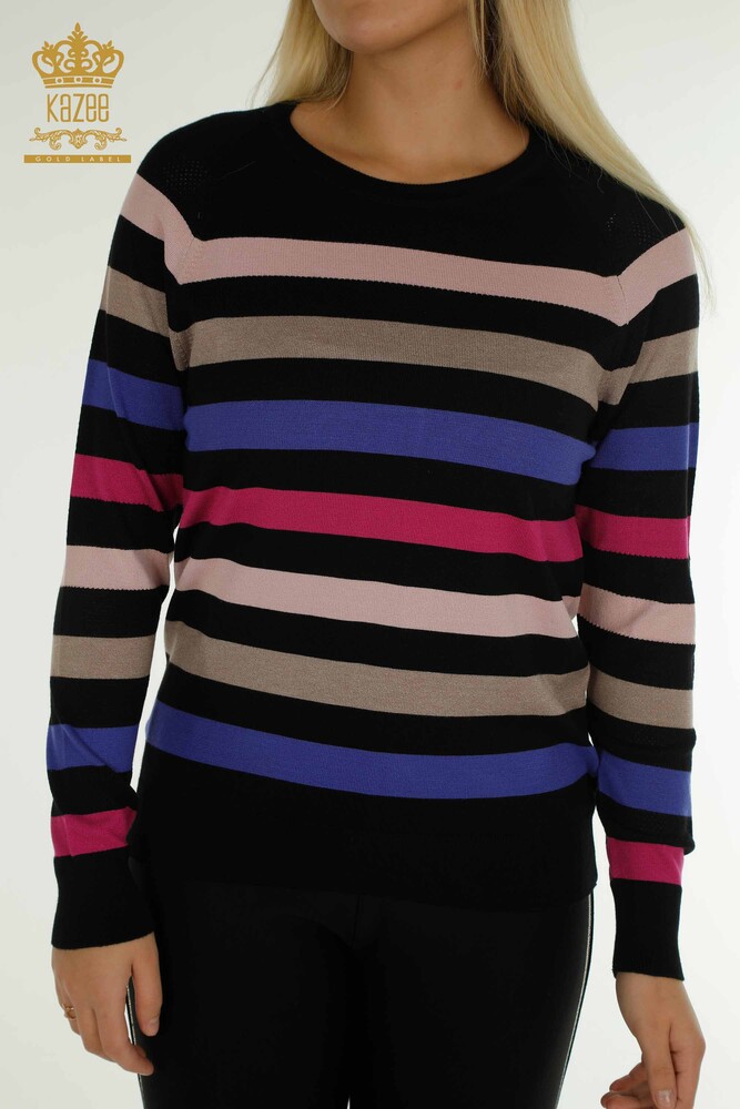 Venta al por mayor Suéter de Punto para Mujer Rayas Bicolor Negro Fucsia - 30133 | KAZEE - 2