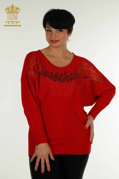 Venta al por mayor Jersey de Punto para Mujer Rojo con Detalle de Tul - 16942 | KAZEE 