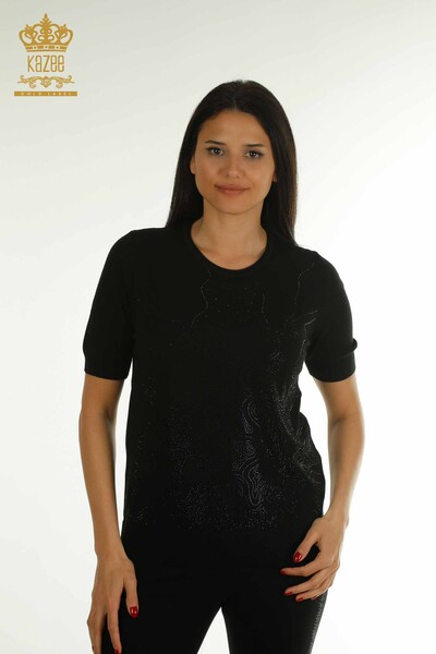KAZEE - Оптовая продажа женского трикотажного свитера с каменной вышивкой черного цвета - 30659 | КАZEE