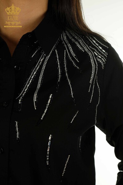 Женская рубашка с вышивкой камнями оптом, черная - 20477 | Кazee - Thumbnail (2)