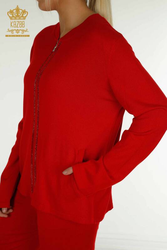 Оптовый женский спортивный костюм красного цвета с вышивкой камнями - 16662 | КАZEE