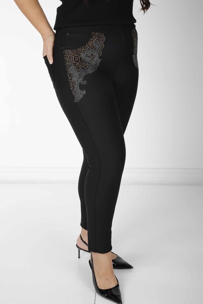 Pantalon Noir avec Broderie de Pierres Colorées - 3610 | KAZEE (Lot de 4 36-38-40-42) - Thumbnail