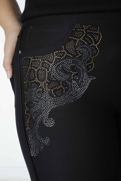 Pantalon Noir avec Broderie de Pierres Colorées - 3610 | KAZEE (Lot de 4 36-38-40-42) - Thumbnail