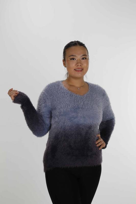 Pull Angora Manches Longues Col V Bleu - 31013 | KAZEE (Lot de 3 S-M-L)