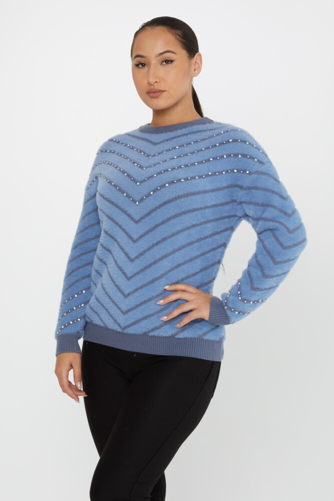 Pull Angora Brodé De Perles À Manches Longues Bleu - 30189 | KAZEE (Lot de 3 S-M-L) - 2