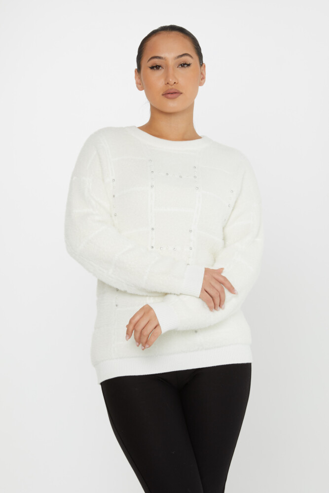 Pull Angora Stone Brodé Col Rond Ecru - 30209 | KAZEE (Lot de 3 S-M-L) - 2