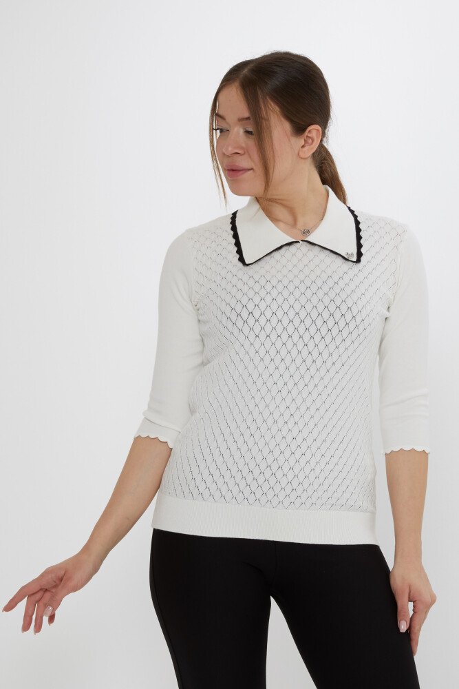 Pull en maille avec broche cygne écru-noir - 31814 | KAZEE (Lot de 3 M-L-XL) - 2