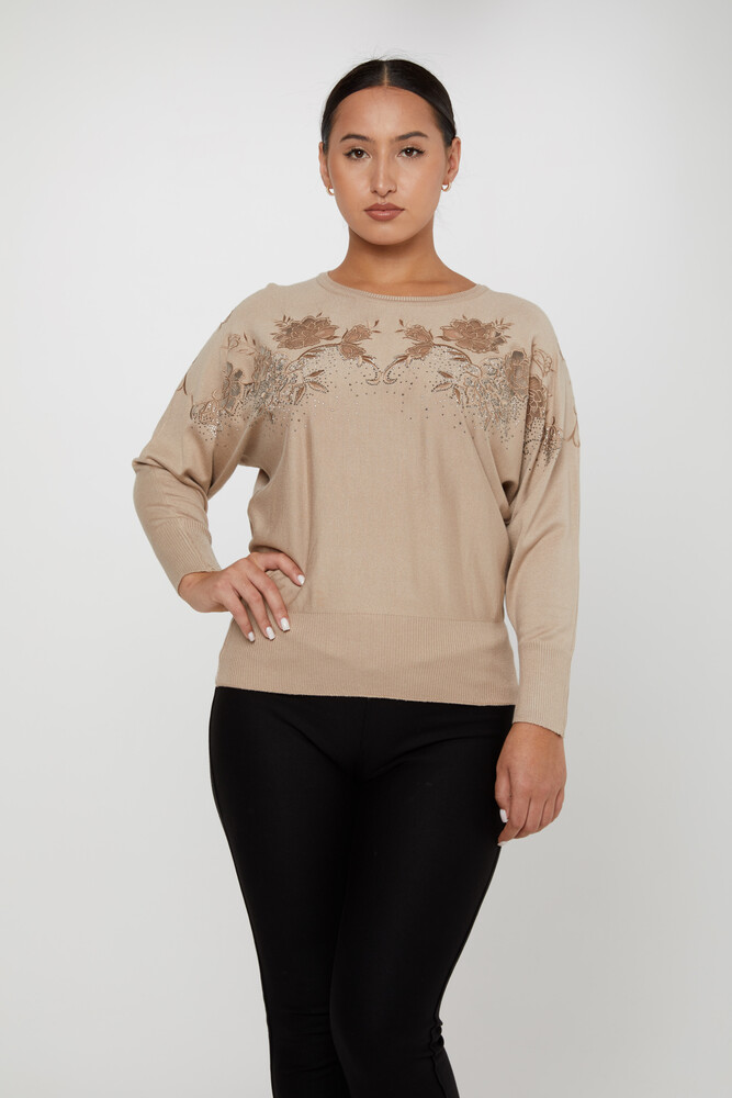 Pull En Maille Brodé Col Ras Du Cou Beige - 30925 | KAZEE (Lot de 4 M-L-XL-2XL) - 1