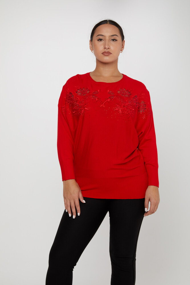 Pull En Maille Brodé Ras Du Cou Rouge - 30925 | KAZEE (Lot de 4 M-L-XL-2XL) - 1