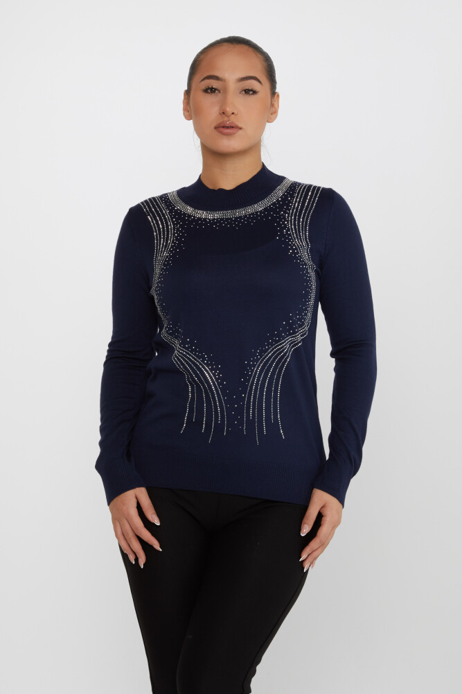 Pull en Maille Pierre Brodée Manches Longues Bleu Marine - 30690 | KAZEE (Lot de 4 L-XL-2XL-3XL) - 1