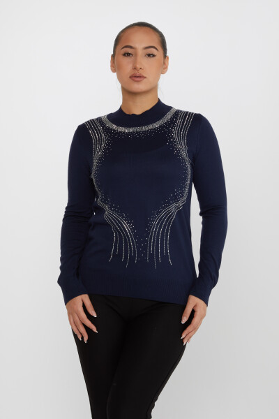 Pull en Maille Pierre Brodée Manches Longues Bleu Marine - 30690 | KAZEE (Lot de 4 L-XL-2XL-3XL) 