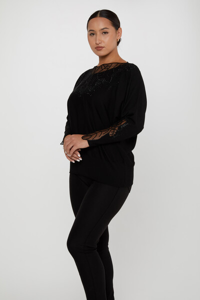 Pull en Maille avec Détail de Tulle Brodé de Pierre Noir - 31227 | KAZEE (Lot de 3 L-XL-2XL) 