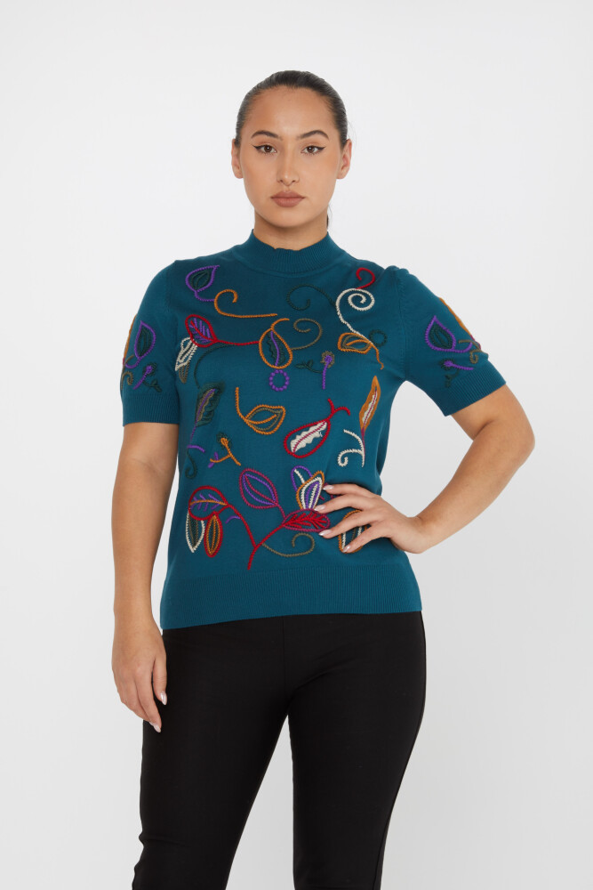 Pull En Maille Broderie Colorée Modèle Américain Pétrole - 15844 | KAZEE (Lot de 4 L-XL-2XL-3XL) - 1