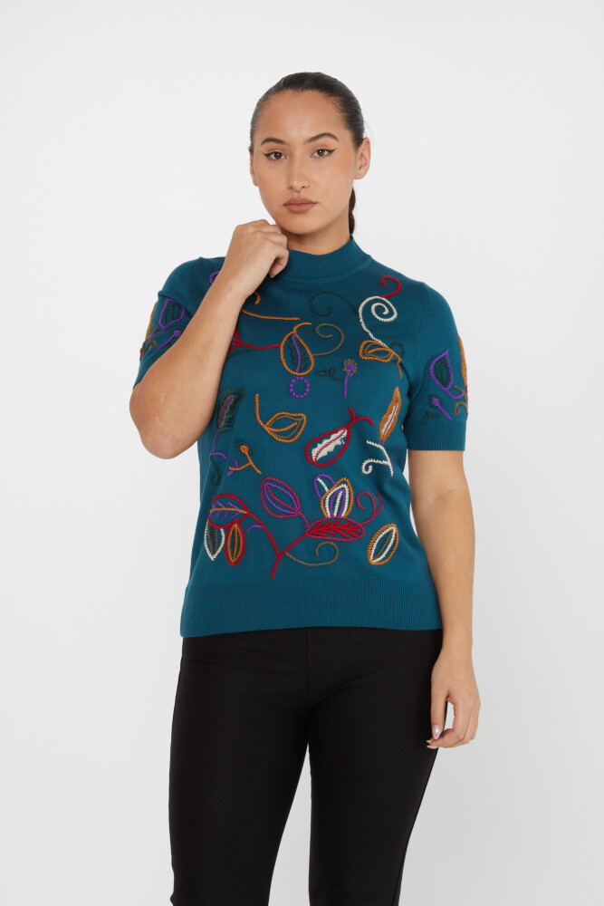 Pull En Maille Broderie Colorée Modèle Américain Pétrole - 15844 | KAZEE (Lot de 4 L-XL-2XL-3XL) - 2