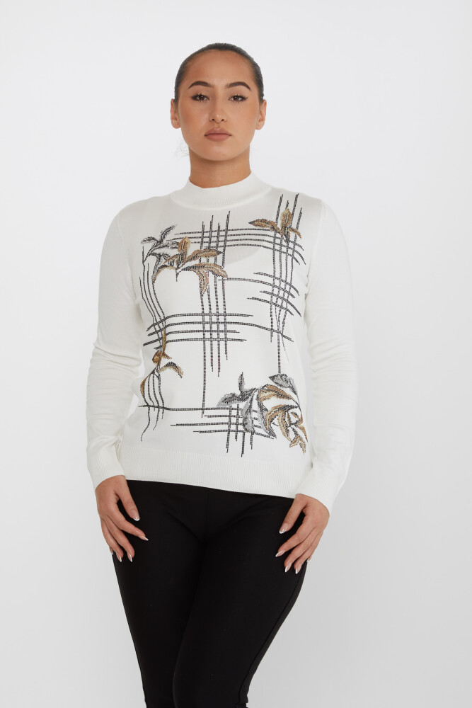 Pull En Maille Pierre Colorée Brodée Manches Longues Ecru - 30748 | KAZEE (Lot de 4 L-XL-2XL-3XL) - 1