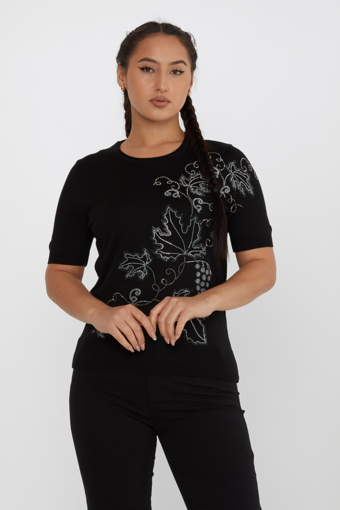 Pull en Maille Feuille Pierre Brodée Modèle Américain Noir - 30654 | KAZEE (Lot de 4 L-XL-2XL-3XL) - 1