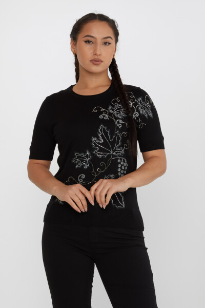 Pull en Maille Feuille Pierre Brodée Modèle Américain Noir - 30654 | KAZEE (Lot de 4 L-XL-2XL-3XL) 