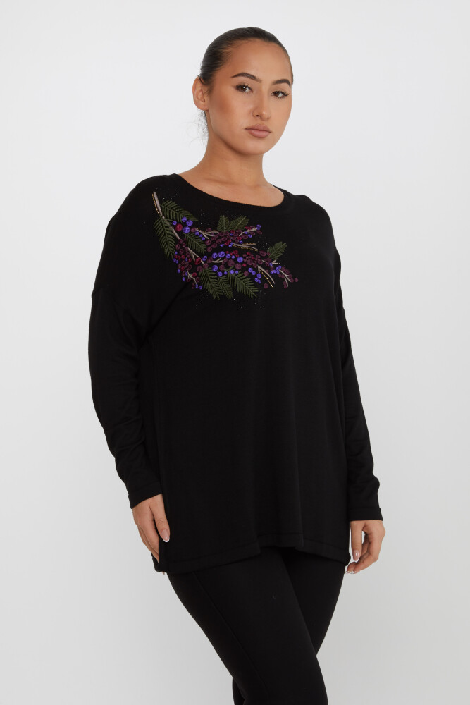 Pull en tricot avec broderie de pierre de feuille à manches longues noir - 30750 | KAZEE (Lot de 4 L-XL-2XL-3XL) - 1