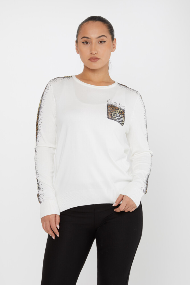 Pull En Maille Léopard Pierre Brodée Manches Longues Ecru - 31547 | KAZEE (Lot de 3 XL-2XL-3XL) - 1