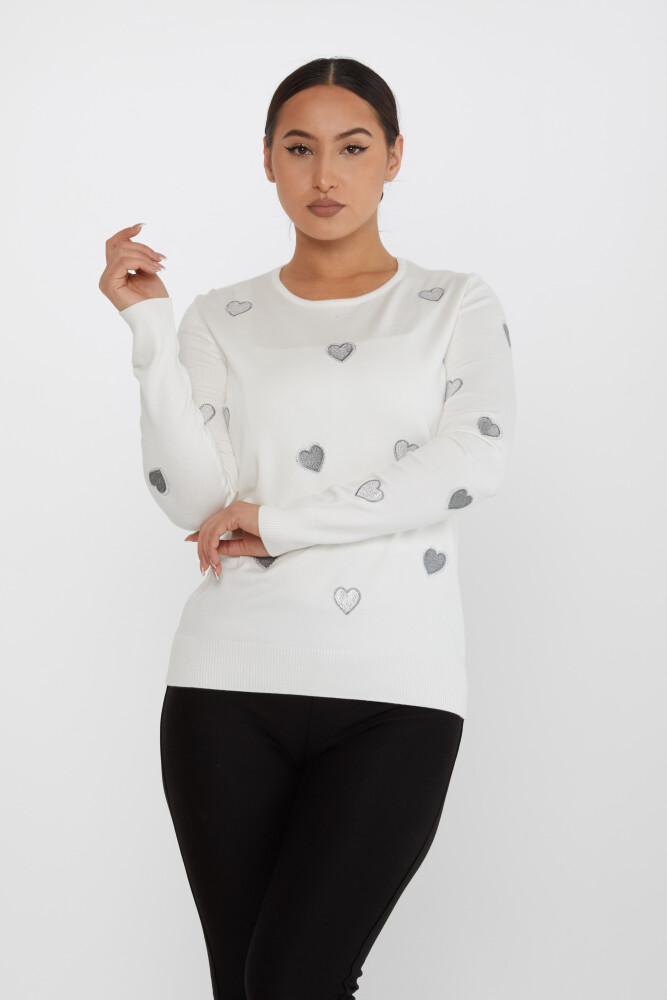 Pull Maille Coeur Motif Pierre Brodée Ecru - 31241 | KAZEE (Lot de 3 M-L-XL) - 1