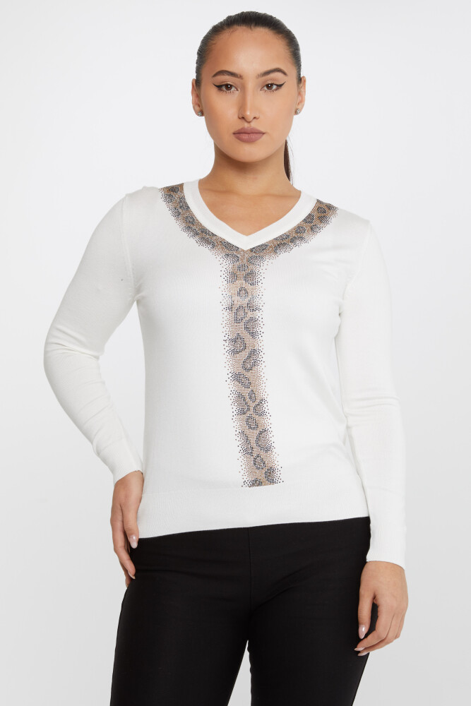 Pull En Maille Motif Léopard Pierre Brodée Ecru - 30749 | KAZEE (Lot de 4 M-L-XL-2XL) - 1