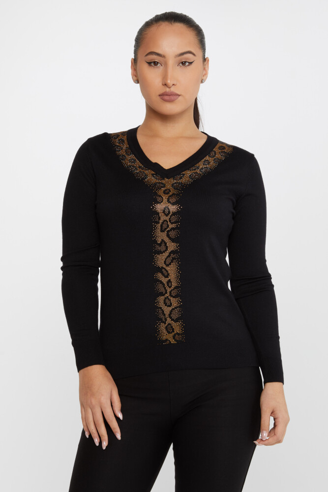 Pull En Maille Motif Léopard Pierre Brodée Noir - 30749 | KAZEE (Lot de 4 M-L-XL-2XL) - 1