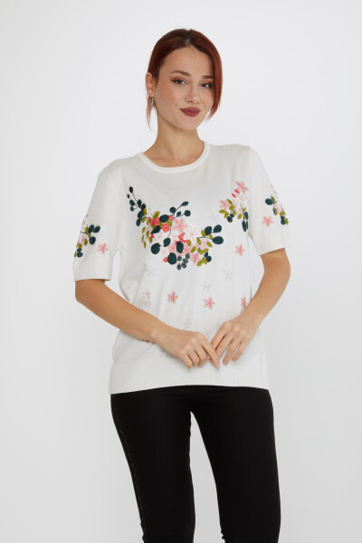 Pull En Maille Pierre Brodée Floral Ecru - 16761 | KAZEE (Lot de 4 L-XL-2XL-3XL) 