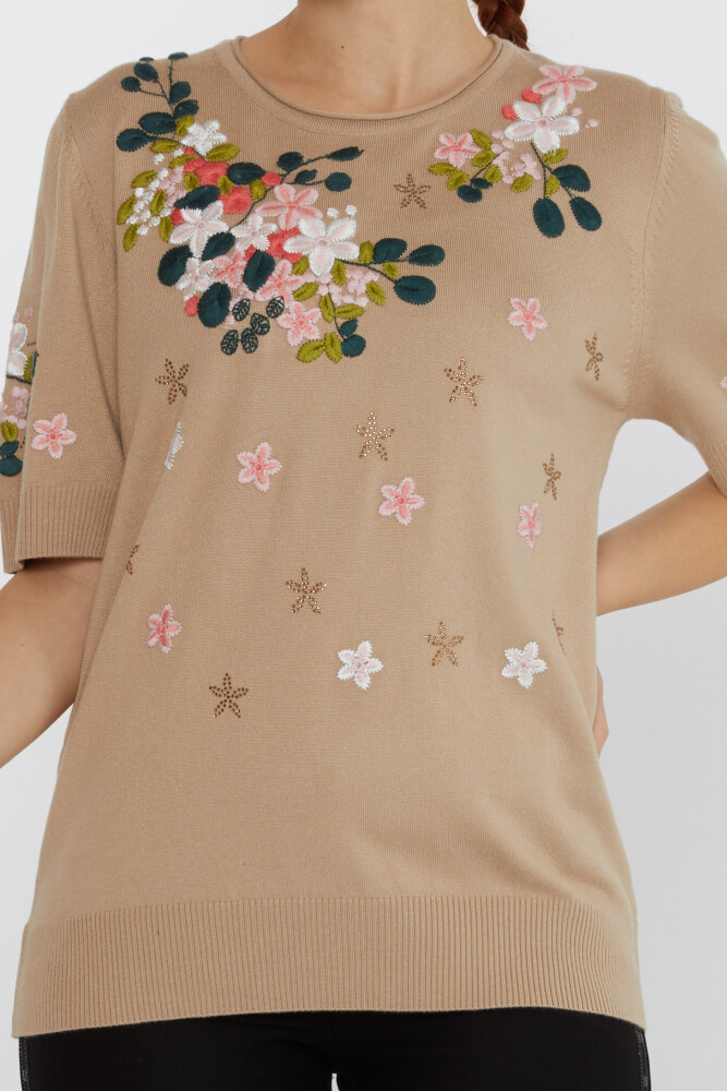 Pull En Maille Avec Broderie De Pierres Et Fleurs Beige - 16761 | KAZEE (Lot de 4 L-XL-2XL-3XL) - 2