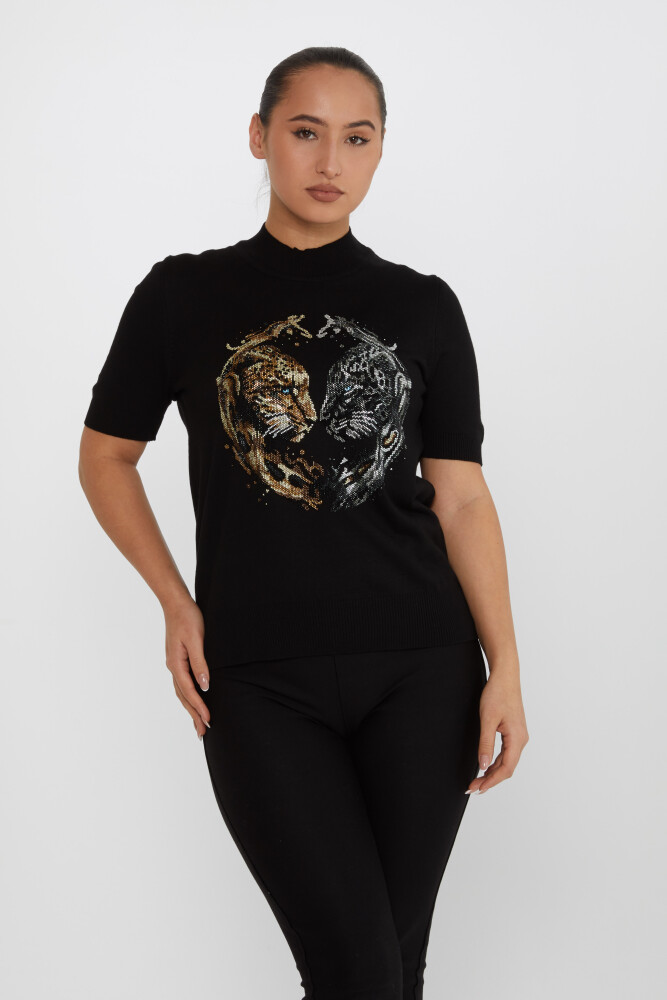 Pull en tricot Tiger Stone brodé à manches courtes noir - 30463 | KAZEE (Lot de 4 L-XL-2XL-3XL) - 2