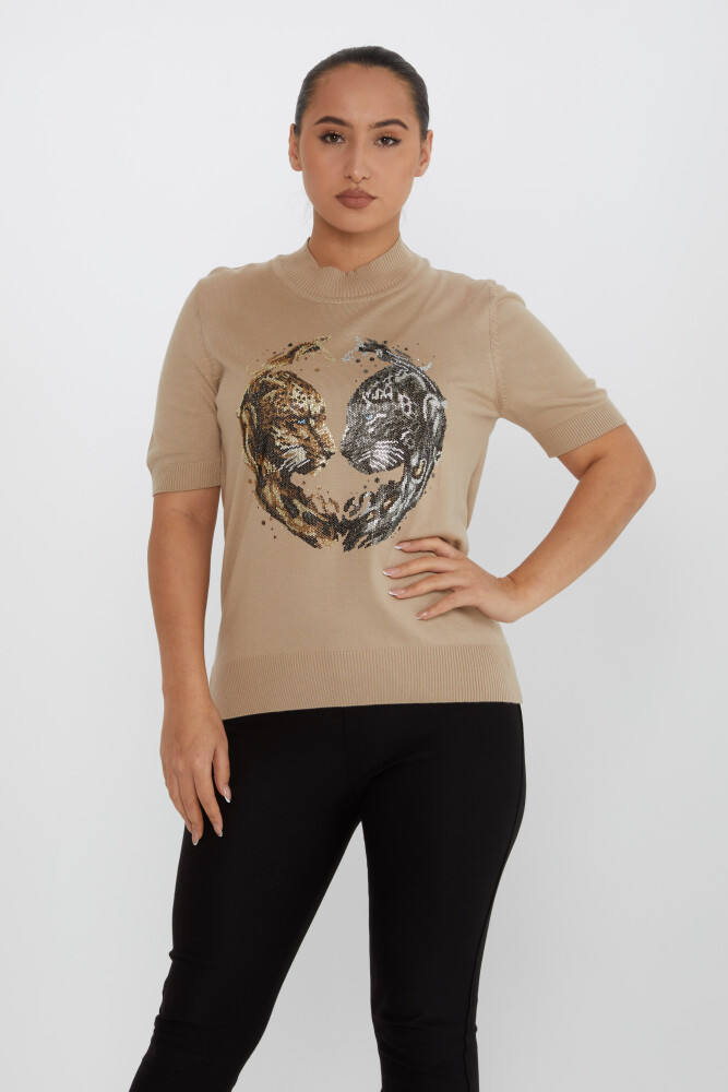 Pull en Maille Tiger Stone Brodé Manches Courtes Beige - 30463 | KAZEE (Lot de 4 L-XL-2XL-3XL) - 1