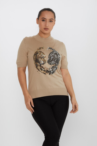 Pull en Maille Tiger Stone Brodé Manches Courtes Beige - 30463 | KAZEE (Lot de 4 L-XL-2XL-3XL) - 2