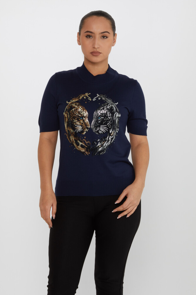 Pull en Maille Tiger Stone Brodé Manches Courtes Bleu Marine - 30463 | KAZEE (Lot de 4 L-XL-2XL-3XL) - 1