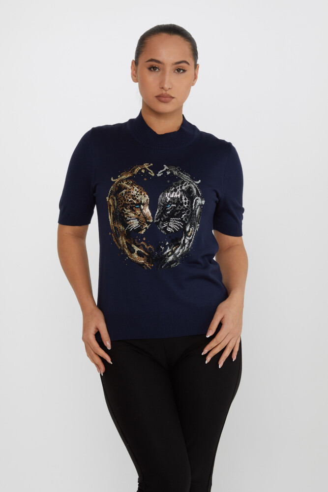 Pull en Maille Tiger Stone Brodé Manches Courtes Bleu Marine - 30463 | KAZEE (Lot de 4 L-XL-2XL-3XL) - 2