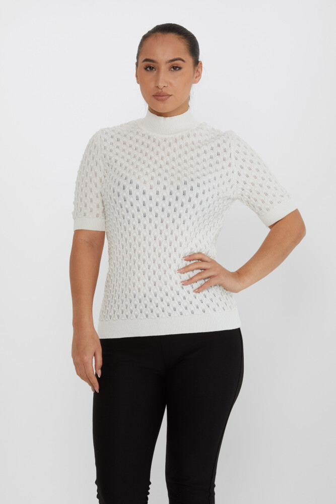 Pull En Maille Transparent Détaillé Manches Courtes Ecru - 30035 | KAZEE (Lot de 4 S-M-L-XL) - 2