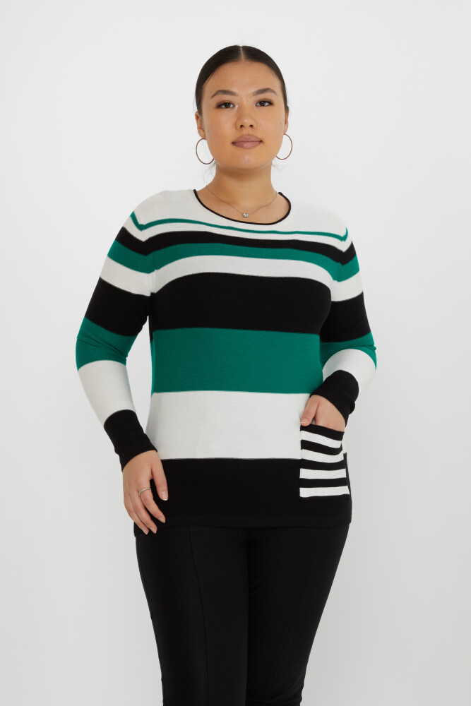 Pull en Maille Bicolore Poche Détaillée Blanc-Vert - 31285 | KAZEE (Lot de 3 L-XL-2XL) - 1