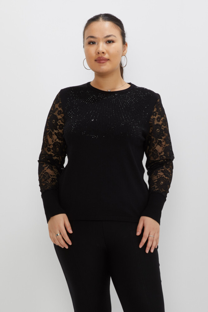 Pull en maille avec détails en dentelle et pierres brodées noir - 31544 | KAZEE (Lot de 4 M-L-XL-2XL) - 1