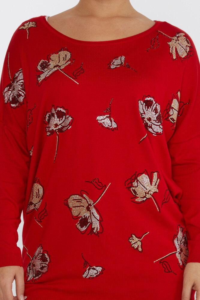 Pull en Maille Fleur Détaillée Pierre Brodée Rouge - 16622 | KAZEE (Lot de 3 L-XL-2XL) - 3