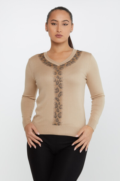 Pull En Maille Motif Léopard Pierre Brodée Beige - 30749 | KAZEE (Lot de 4 M-L-XL-2XL) - 2